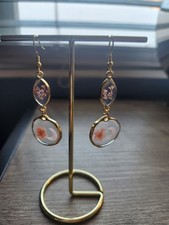 Floral Resin Dangle Drop Earrings Gold Tone Multicolor Nature Theme