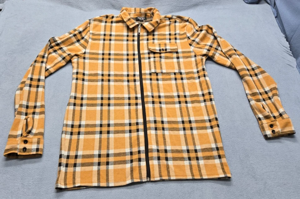 Camisa de franela BOOHOO para hombre mediana a cuadros manga larga naranja/negro/blanco con cremallera Foto 2 de 4