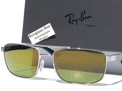 Ray Ban Gunmetal POLARIZED Green Gold Mirror Lens Sunglass RB