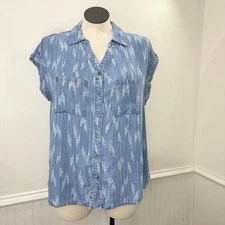 Style & Co Plus Size 1X Chambray Top Southwest Western Button Up Short Sleeve