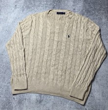 Polo Ralph Lauren Mens Large Cable Knit Crewneck Sweater Tan Beige Cotton Pony