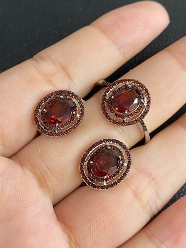 NATURAL GARNET 6X8 GARNET DIAMOND CUT STERLING SILVER 925 RING EARRING - 第 2/13 張圖片
