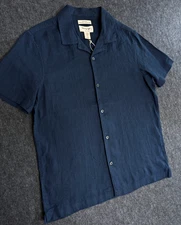 NWT Panama Jack Shirt 100% Linen Mens M Blue S/S Camp Collar European Grown Flax