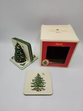 Spode "Christmas Tree Green Trim" 5 Piece Coaster Set with Tree Shaped Holder