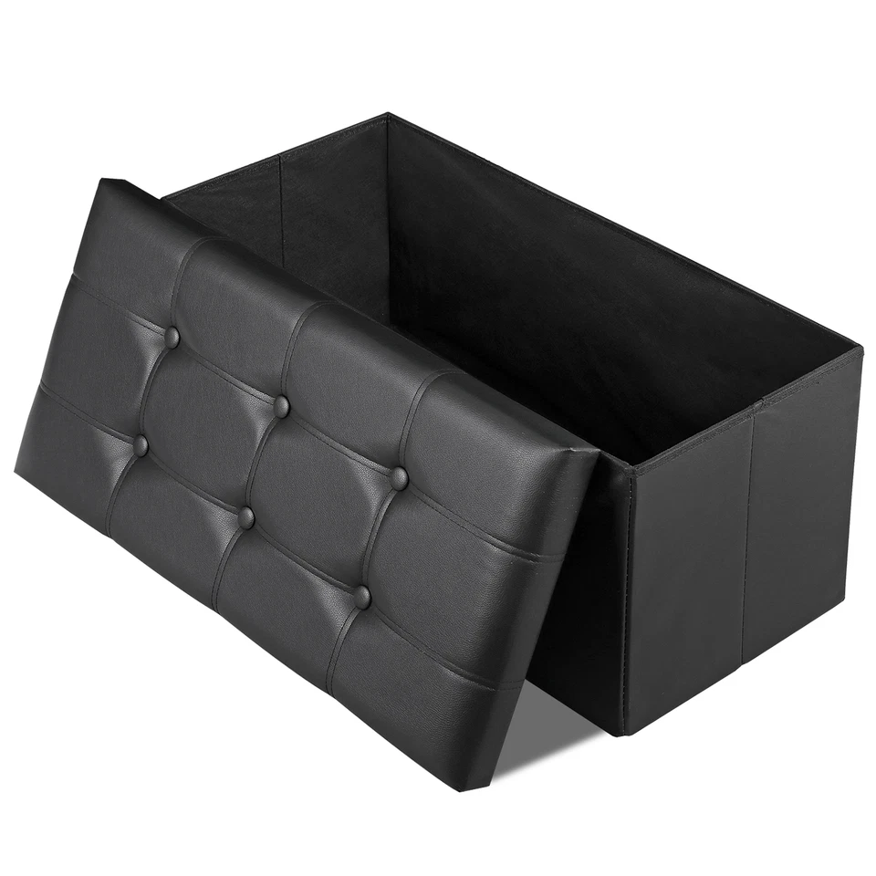 30" Faux Leather Footrest w/Foam Padded Seat Foldable Storage Bench Black  - Image 4 of 4