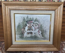 Snowman Print in Oak Wood Frame Pat Richtar The Gathering Winter 15.75x14”