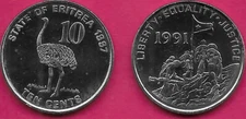 ERITREA 10 CENTS 1997 UNC NORTH AFRICAN OSTRICH FACING LEFT ,(Struthio camelus c