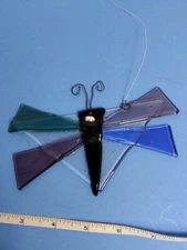 Stained Glass Black Dragonfly Sun Catcher Purple Blue Teal
