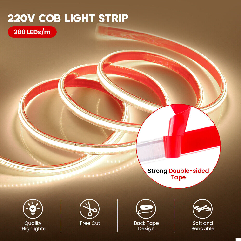 LED COB Streifen 220V Lichtband Stripe keine Lichtpunkte Selbstklebend Warmweiß