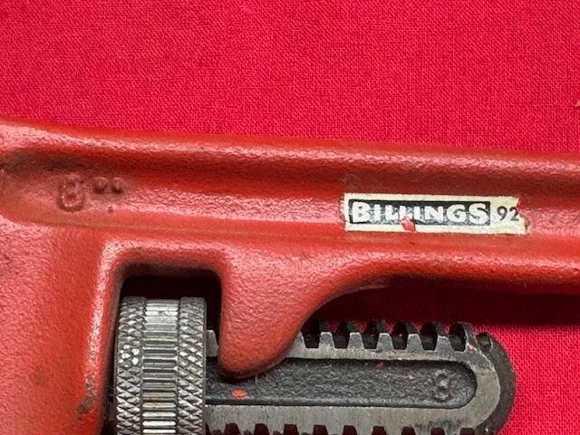 Billings No. 92 Heavy Duty Pipe Wrench, 8" 1/8-1" Carbon Steel  Vintage! - Image 3 of 4
