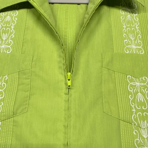 VTG Guayabera Shirt Mens L Green Zip Up Cuban Latino Pockets Embroidered Haband - Picture 4 of 8