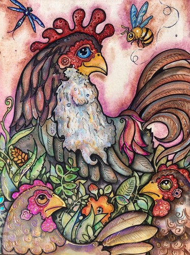Lisa Luree Original Bonediva BEARDED ROOSTER Chicken Hen Painting BEARD OOAK