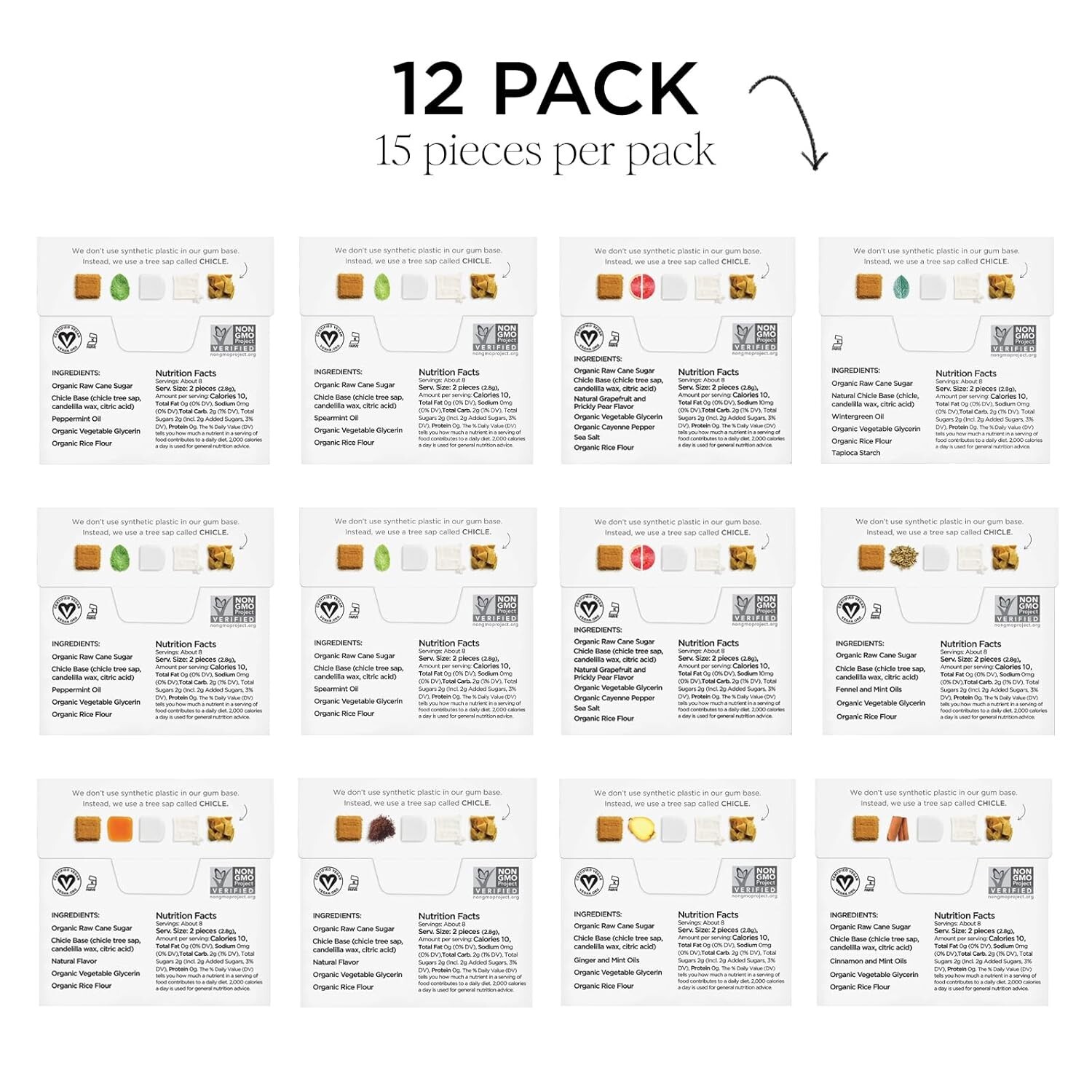 Simply Gum Plant-Based Organic Kosher Chewing Gum Variety 12 Pack (180 pieces)