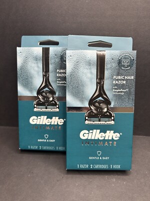 2 Pk Gillette Intimate Pubic Hair Razor with 2 Cartridges & 1 Shower Hook Each