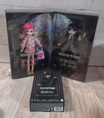 Monster High Wednesday Addams & Enid Sinclair Con Pintura Negro ¡Paquete de Moda! - Imagen 3 de 8