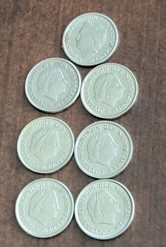 7 monete da 10 centesimi olandesi 1948, 1958, 1962, 1964, 2- 1974, 1975  - Foto 1 di 3