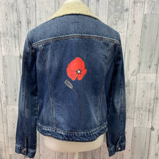 Hand Printed Upcycled Xl Red Poppy Flower Sherpa Denim Button Up Jean Jacket