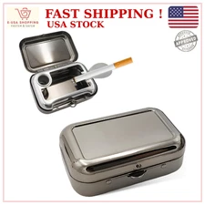 Portable Stainless Steel Pocket Ashtray with Windproof Lid Mini Travel Black