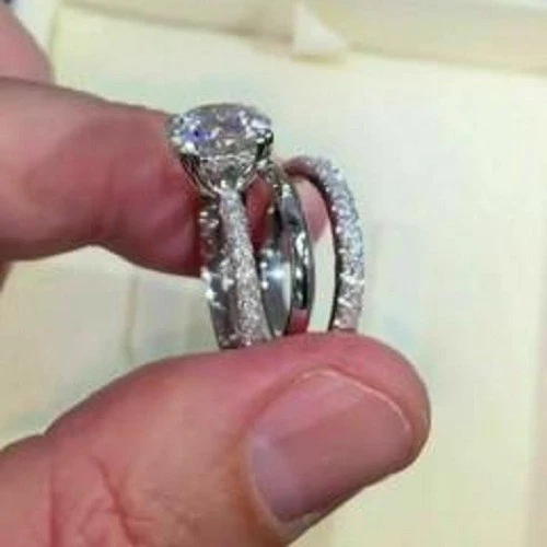 14K White Gold 3.35Ct Round Lab-Created Diamond Engagement Wedding Ring Set Band - Image 2 of 4