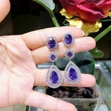 14K White Gold Plated 3Ct Pear Cut Lab Created Tanzanite Drop Dangle Earrings