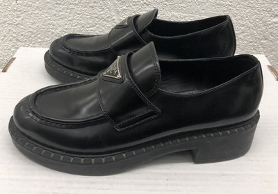 Prada Brushed Leather Flat Triangle Chunky Lug Loafers Monolith 38 EU 8 US H401