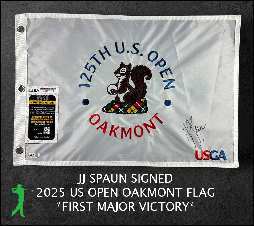 JJ SPAUN AUTOGRAPHED 125TH 2025 US OPEN OAKMONT PIN FLAG JSA COA
