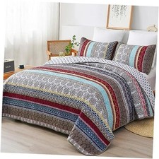 Boho Quilt Set Size, Brown Bohemian 3 Pieces Quilt Bedding Queen Brown Red