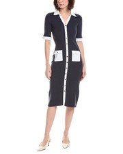 T Tahari Elbow Sleeve Split Neck Rib Dress Women's