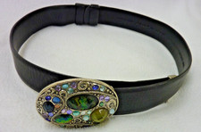 CHICOS ADJUSTABLE BLACK LEATHER WOMENS BELT JEWELED SOUTHWEST BUCKLE SIZE S/M