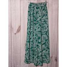 Pink Lily Green White Tropical Leaf Print Wide Leg Palazzo Pants Smocked Waist S