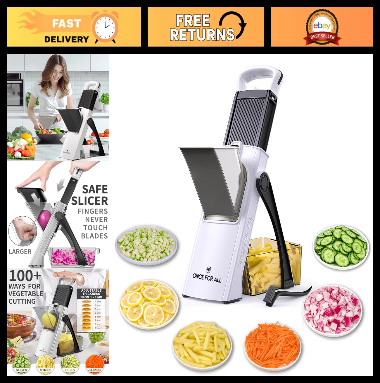 Adjustable Mandoline Slicer & Vegetable Chopper - Large Size, Detachable Blades,