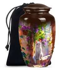Flowers White Cat Unique Large Urn For Ashes Adult Father  Mother 10 Inch 