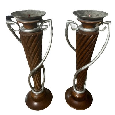 VINTAGE ANTIQUE CARVED WOOD BARLEY ?TWIST PEWTER CANDLESTICKS PAIR ~ 17 