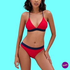 ISLASISIA Women's Bikini Set, Triangle Top, High Waisted, Red & Blue, UK 14