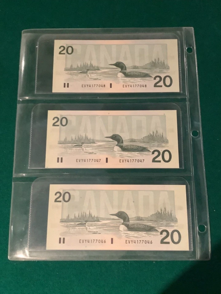 3 billetes consecutivos de 20 dólares de Canadá 1991 sin circular Foto 2 de 2