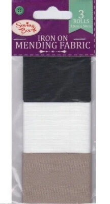 3 X Iron On Mending Repair Fabric Black White Beige 3.8 x 50cm Sewing Box