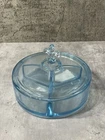 Fleur-de-lis Fostoria Depression Blue 3 Part Glass Candy Dish W. Lid