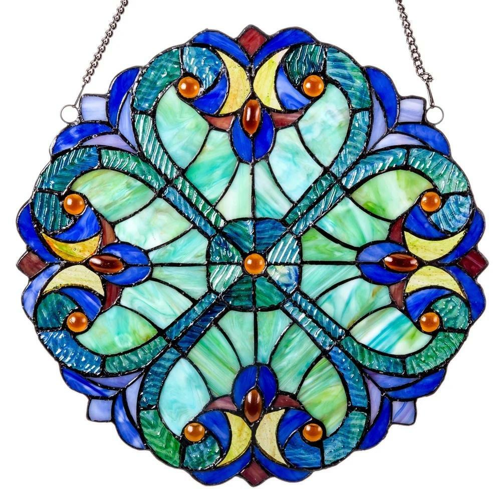 12-In Blue and Green Floral Tiffany Style Stained Glass Window