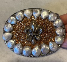 Freshwater Pearls  Rhinestones Fleur De Lis Belt Buckle 3.75  