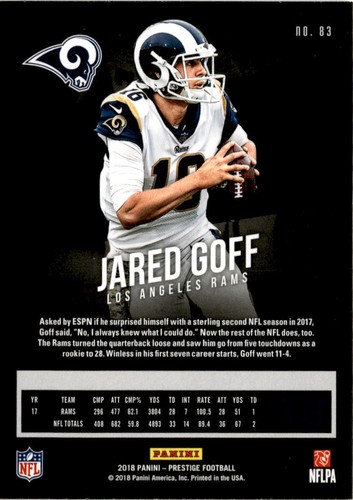 Jared Goff Los Angeles Rams 2018 Panini Prestige Near Mint or Better - Picture 2 of 2