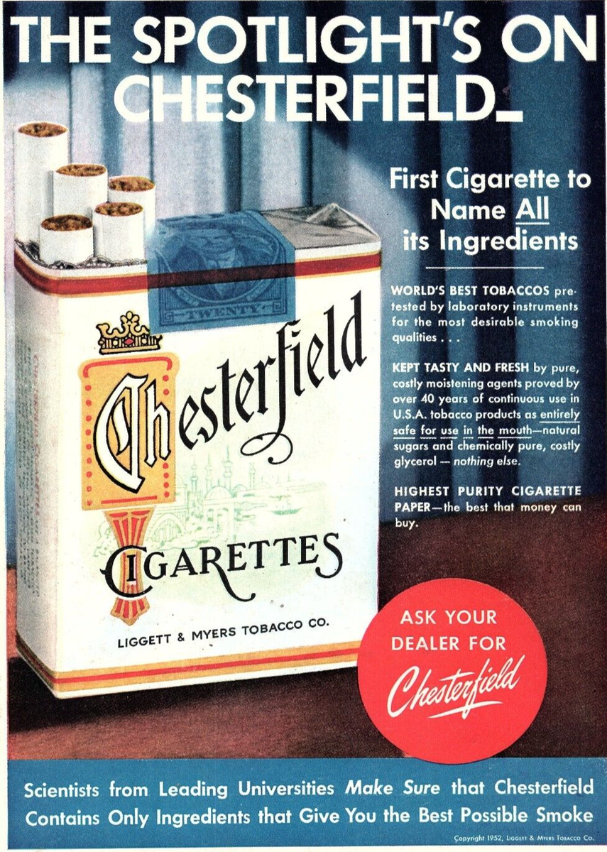 chesterfield lights cigarettes 1952 Chesterfield Cigarettes World's Best Tobacco Spotlight Vintage 50s  Print Ad