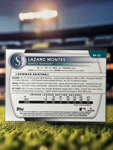 2025 Bowman Prospects LAZARO MONTES Sky Blue /499 #BP-23 - Seattle Mariners - Picture 3 of 3