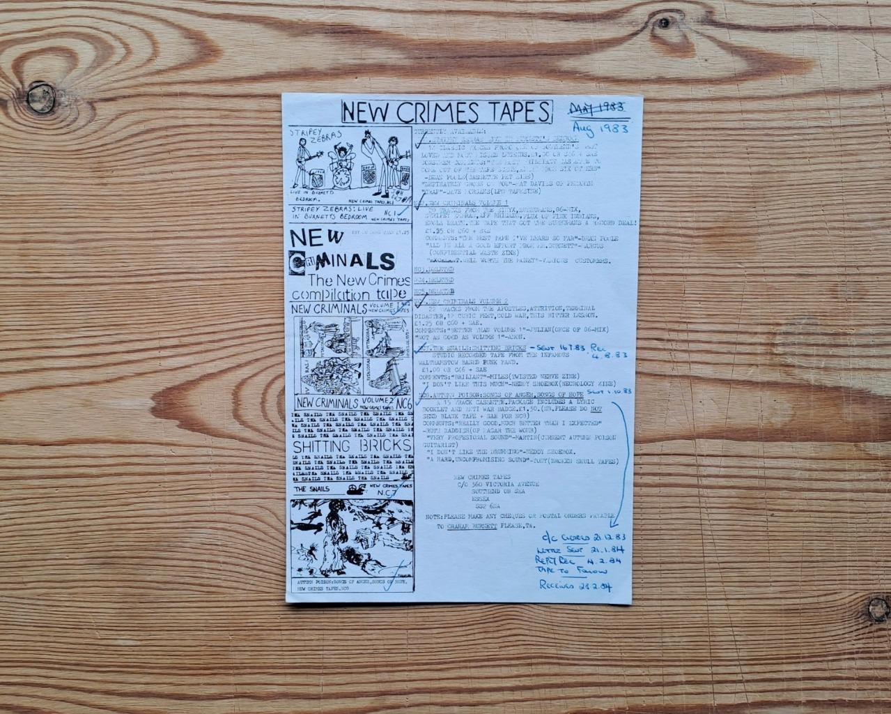 NEW CRIMES TAPES 1982 RARE FLYER / CATALOGUE ANARCHO PUNK APOSTLES 12 CUBIC FEET