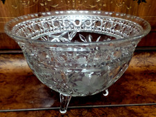 ANTIQUE AMERICAN BRILLIAN CUT GLASS BOWL FLORAL BEVELED 8.5X6" THREE LEGS