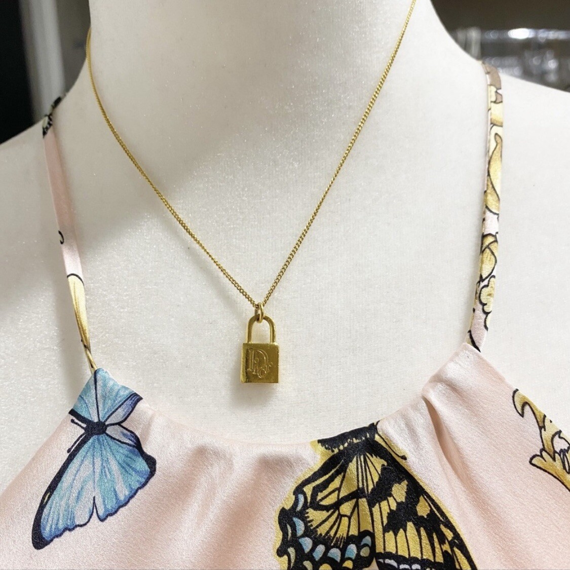 VINTAGE DIOR Gold Locket Necklace Dainty Authentic Chain Padlock Mini