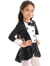Kids Girls Sequins Dance Dress Round Neck Dancewear Adorned Shiny Jazz Costume
