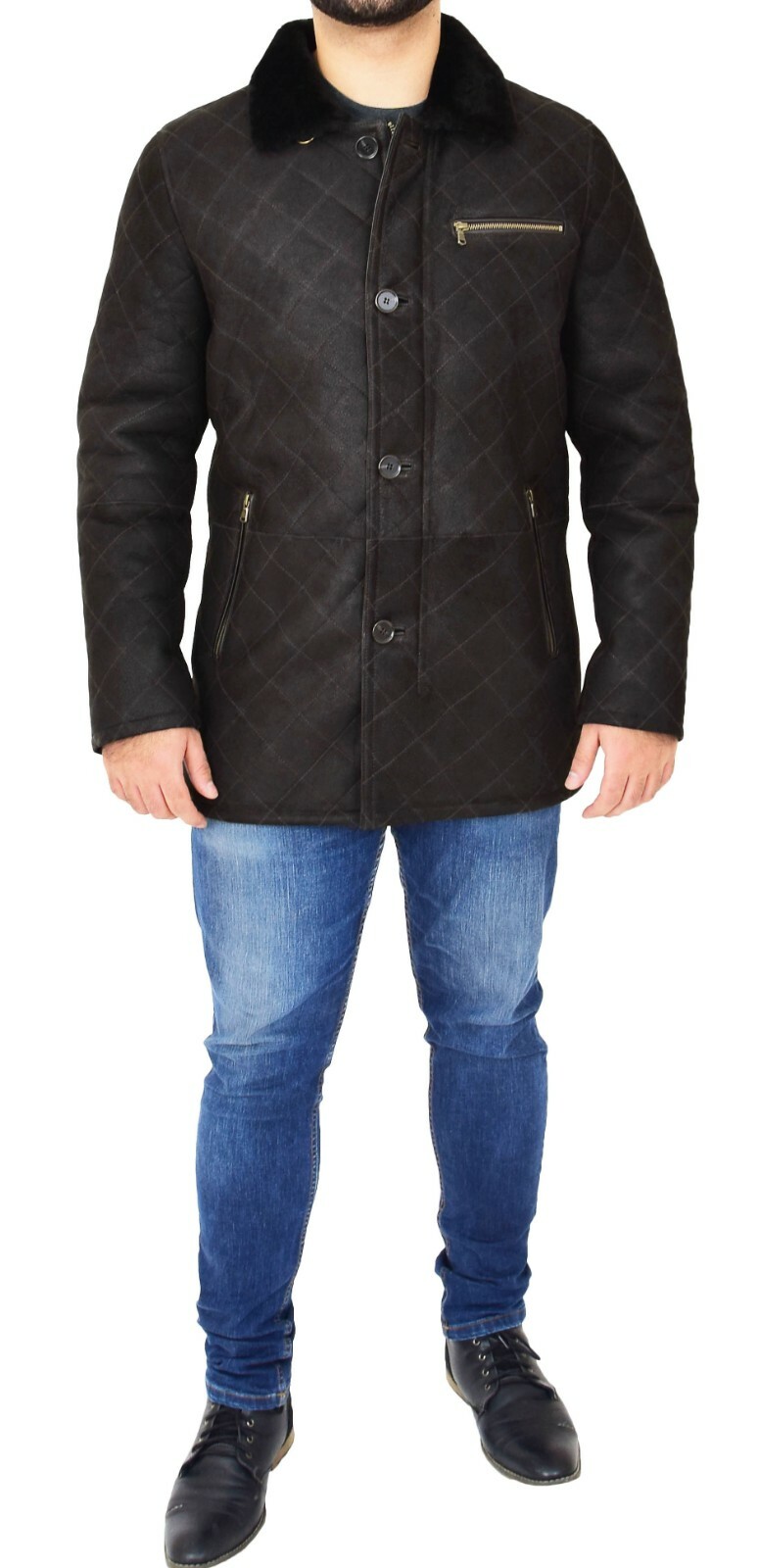 Mens Genuine Sheepskin Jacket Brown Designer Shearling 3/4 Long Quilted Car Coat image 5