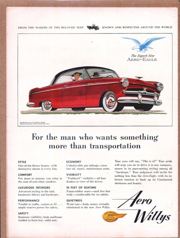 1953 AERO WILLEY'S AERO-EAGLE Color Original Vintage Auto Promo Ad