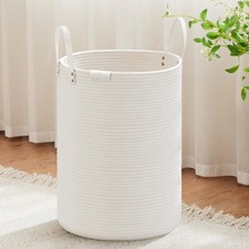 Laundry Basket 72L White Tall Woven Rope Storage Hamper With Leather Handle