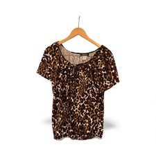 Womens Leopard Print Tie Neck Short Sleeve Top Blouse Casual Everyday Sz M